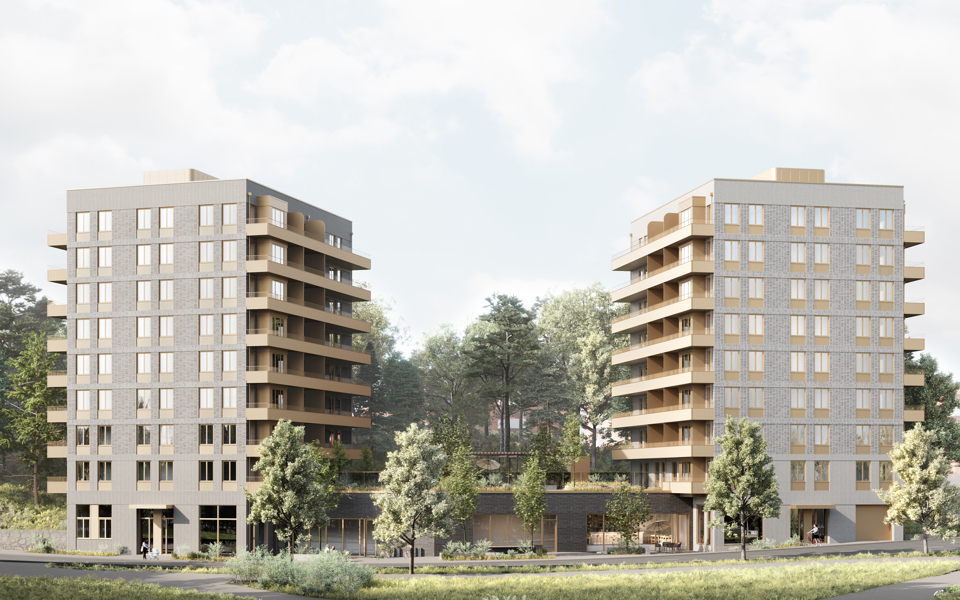 Visionsillustration som visar två högre hus sammanbundna med ett låghus